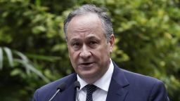 US second gentleman Doug Emhoff delivers a speech at the site of the so called "Rue des Rosiers" or "Chez Jo Goldenberg restaurant" attack, a bombing and shooting attack on a Jewish restaurant during a ceremony marking its 42nd anniversary of the attack in Paris, on August 9, 2024. The French-Jewish delicatessen restaurant "Chez Jo Goldenberg" was attacked on August 9, 1982, in the rue des Rosiers in Paris, by gunmen who threw a grenade into the restaurant and shot at customers with sub-machine guns, killing six customers and injuring 22 others. The attack is attributed to the Abu Nidal Organisation - Fatah Revolutionary Council (Fatah-RC). (Photo by STEPHANE DE SAKUTIN / AFP) (Photo by STEPHANE DE SAKUTIN/AFP via Getty Images)