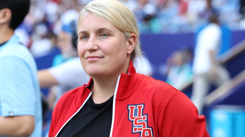 LYON, FRANCE - AUGUST 06: Emma Hayes, Head Coach of Team United States looks on prior to the Women's semifinal match between United States of America and Germany during the Olympic Games Paris 2024 at Stade de Lyon on August 06, 2024 in Lyon, France. (Photo by Claudio Villa/Getty Images)