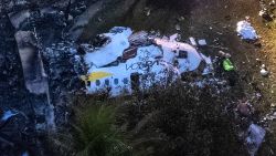 TOPSHOT - Aerial view of the wreckage of an airplane that crashed with 61 people on board in Vinhedo, Sao Paulo State, Brazil, on August 9, 2024. An airplane carrying 57 passengers and four crew crashed on August 9 in Brazil's Sao Paulo state, killing everyone on board, local officials said. The aircraft, a French-made ATR 72-500 operated by the airline Voepass, was travelling from Cascavel in southern Parana state to Sao Paulo's Guarulhos international airport when it crashed in the city of Vinhedo. (Photo by Miguel SCHINCARIOL / AFP) (Photo by MIGUEL SCHINCARIOL/AFP via Getty Images)