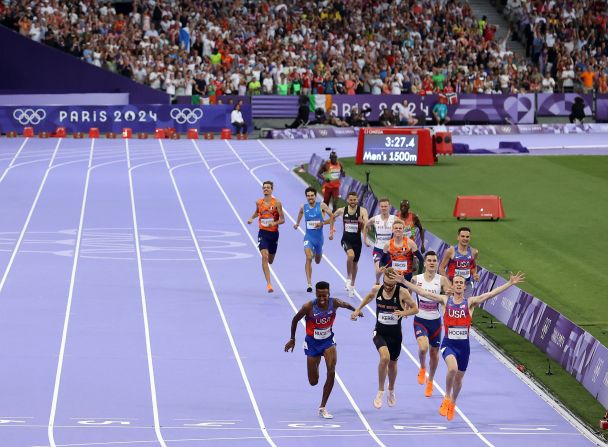 The United States' Cole Hocker reaches the finish line first, <a href="https://www.cnn.com/sport/live-news/paris-olympics-news-2024-08-06#h_5117841d385372aa7dd277388c911308">stunning the field to win the 1,500 meters</a> on August 6. Hocker finished with an Olympic record time of 3:27.65.