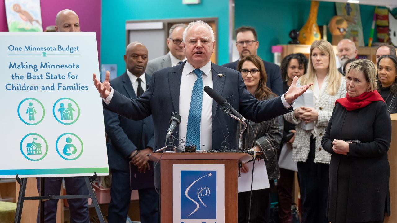 ST. PAUL, MN. - JANUARY 2023: Surrounded by some of his commissioners, Lt. Gov. Peggy Flanagan and First Lady Gwen Walz, innesota DFL (Democratic-Farmer-Labor Party) Governor Tim Walz unvelied the part of his budget that focuses on education and kid-focused spending, at Adams Spanish Immersion Elementary, St. Paul, Minn., Tuesday, January 17, 2023. (Photo by Glen Stubbe/Star Tribune via Getty Images)