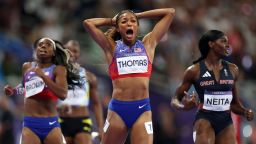 PARIS, FRANCE - AUGUST 06: Gold medalist Gabrielle Thomas of Team United States celebrates after winning the Women's 200m Final on day eleven of the Olympic Games Paris 2024 at Stade de France on August 06, 2024 in Paris, France. (Photo by Michael Steele/Getty Images)