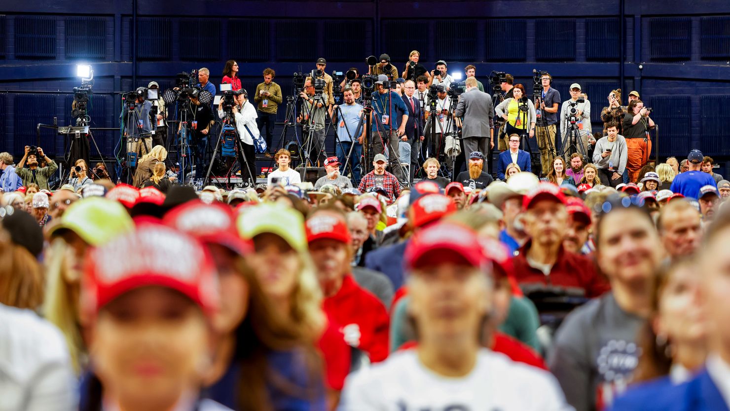 Members of the press stand at the back of a rally for former President Donald Trump in Bozeman, Montana August 9, 2024.