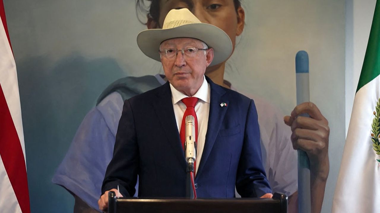 Grab picture taken from an AFPTV video showing US ambassador to Mexico, Ken Salazar, speaking during a press conference at his residence in Mexico City on August 9, 2024, about the arrest of Sinaloa cartel co-founder Ismael "El Mayo" Zambada and Joaquin Guzman Lopez, the son of former Sinaloa leader Joaquin "El Chapo" Guzman. Ambassador Salazar revealed on August 9 that "El Mayo" Zambada, 76, who was arrested in the United States after flying there on July 28 along with Joaquin Guzman Lopez, was taken "against his will" while Guzman "voluntarily surrendered." Salazar's statement came hours after Mexican President Andres Manuel Lopez Obrador complained "there is no cooperation" from Washington on clarifying the circumstances around the arrests of the pair. (Photo by Carlos ECHEGOYEN / AFP) (Photo by CARLOS ECHEGOYEN/AFP via Getty Images)