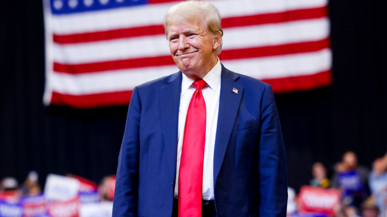 BOZEMAN, MONTANA - AUGUST 09: Republican presidential nominee, former U.S. President Donald Trump walks toward the stage to speak at a rally at the Brick Breeden Fieldhouse at Montana State University on August 9, 2024 in Bozeman, Montana. (Photo by Michael Ciaglo/Getty Images)