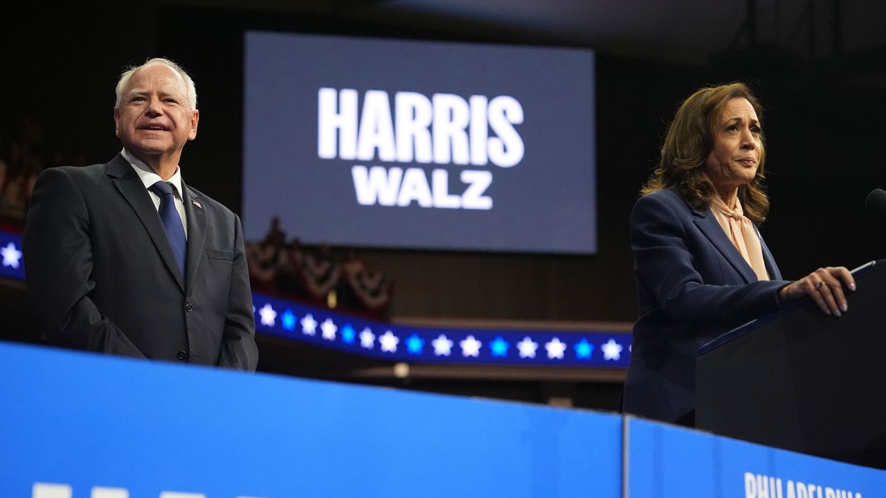 Vice President Kamala Harris and Minnesota Gov. Tim Walz appear on stage together during a campaign event in Philadelphia, Pennsylvania, on August 6, 2024.