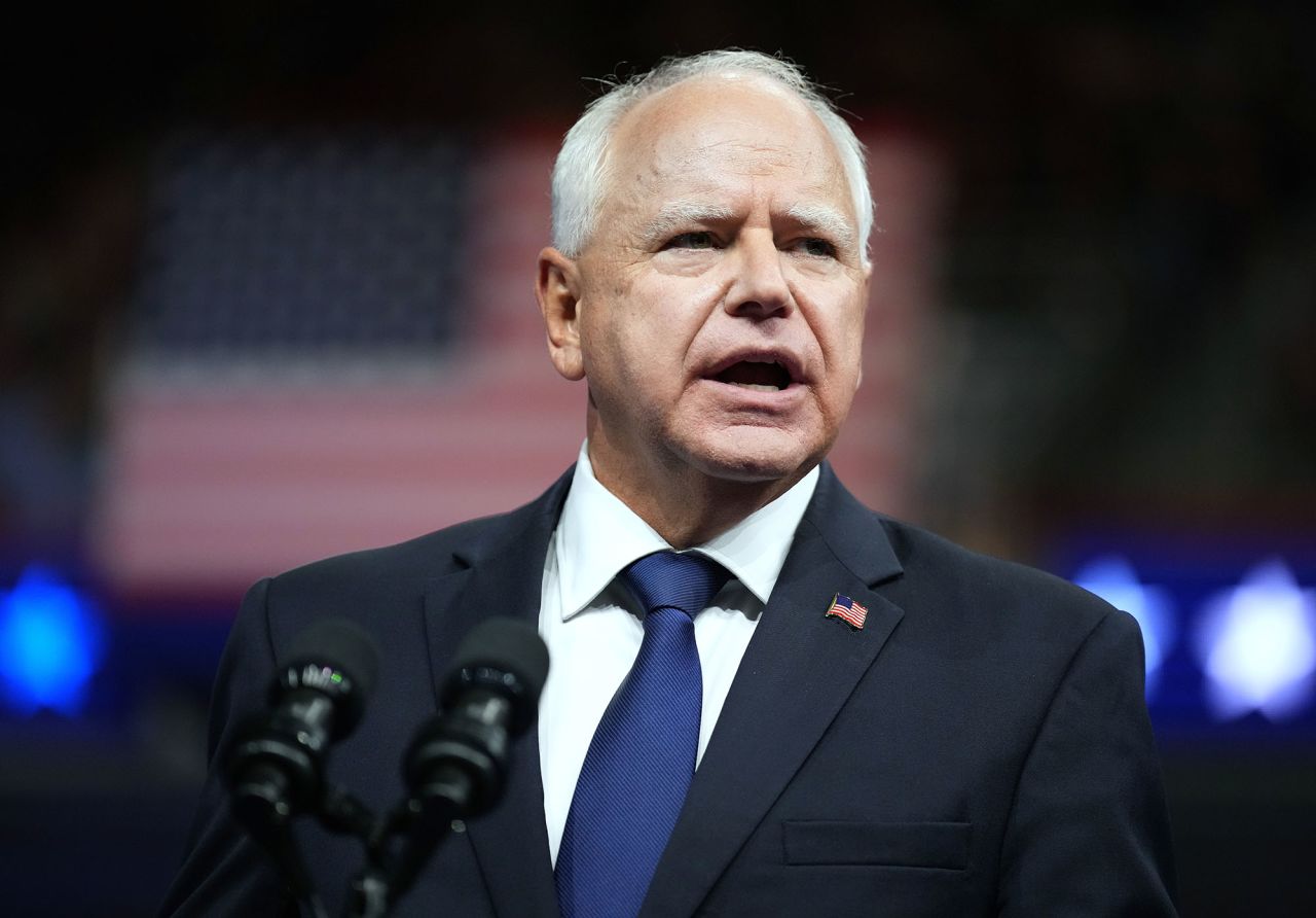 Minnesota Gov. Tim Walz speaks at the Liacouras Center at Temple University on August 6, 2024 in Philadelphia.