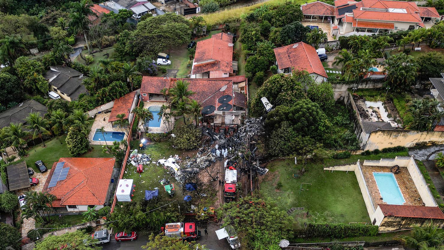 The wreckage of an airplane that crashed with 62 people on board in Vinhedo, Sao Paulo State, Brazil, on August 10, 2024.