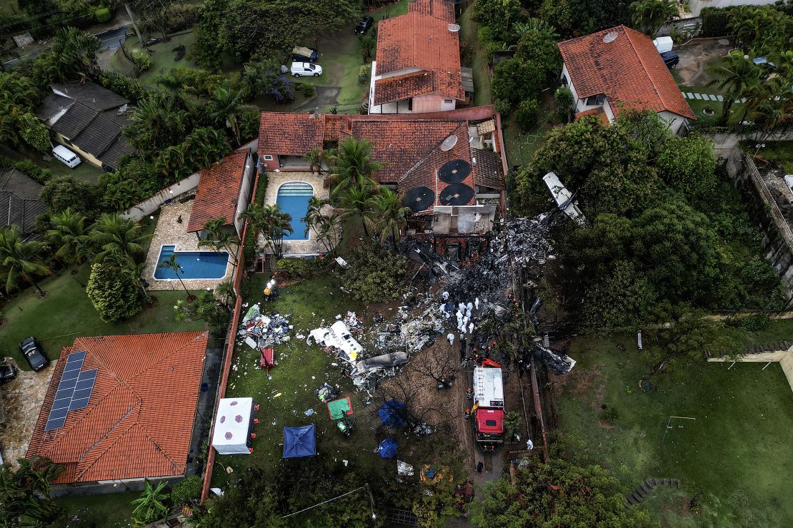 An aerial view of the wreckage of the Voepass flight traveling from Cascavel to Guarulhos that crashed killing all on board.