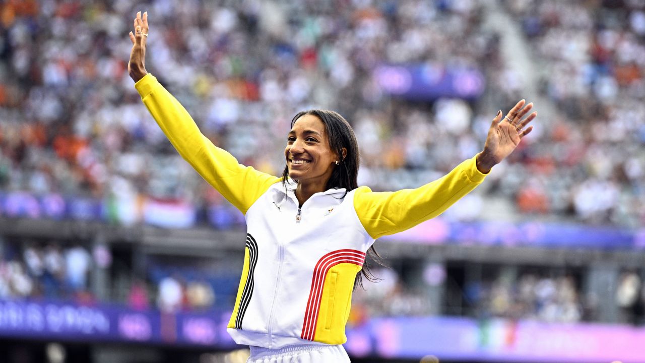 Belgian athlete Nafissatou Thiam , winner of the gold medal pictured on the podium ceremony of the women's heptathlon at the athletics competition at the Paris 2024 Olympic Games, on Saturday 10 August 2024 in Paris, France.