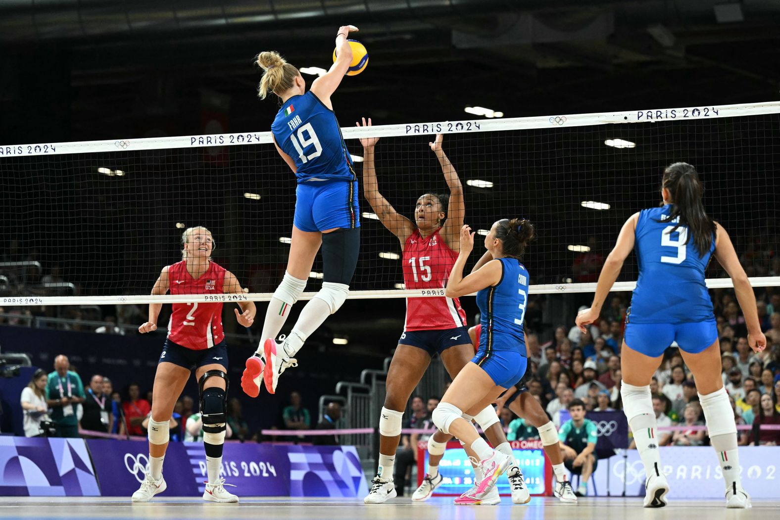 Italian volleyball player Sarah Luisa Fahr spikes the ball during the gold-medal match against the United States on August 11. <a >Italy won in straight sets</a>.