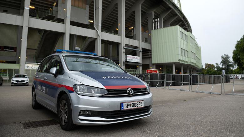 Police cars parked outside Ernst-Happel-Stadion on August 8, 2024.