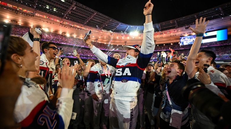 US' athletes celebrate during the closing ceremony of the Paris 2024 Olympic Games at the Stade de France, in Saint-Denis, in the outskirts of Paris, on August 11, 2024. (Photo by Oli SCARFF / AFP) (Photo by OLI SCARFF/AFP via Getty Images)