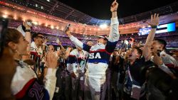 US' athletes celebrate during the closing ceremony of the Paris 2024 Olympic Games at the Stade de France, in Saint-Denis, in the outskirts of Paris, on August 11, 2024. (Photo by Oli SCARFF / AFP) (Photo by OLI SCARFF/AFP via Getty Images)