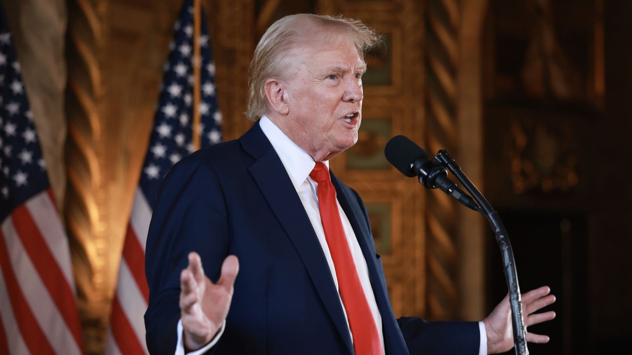 PALM BEACH, FLORIDA - AUGUST 08: Republican presidential candidate former President Donald Trump speaks during a press conference at his Mar-a-Lago estate on August 08, 2024, in Palm Beach, Florida. Polls currently show a close race between Trump and Democratic presidential candidate, U.S. Vice President Kamala Harris. (Photo by Joe Raedle/Getty Images)