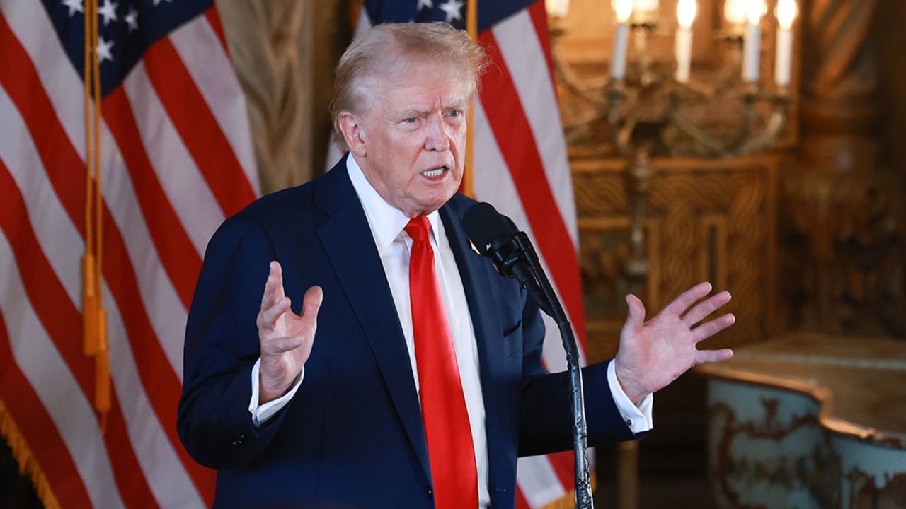 PALM BEACH, FLORIDA - AUGUST 08: Republican presidential candidate former President Donald Trump speaks during a press conference at his Mar-a-Lago estate on August 08, 2024, in Palm Beach, Florida. Polls currently show a close race between Trump and Democratic presidential candidate, U.S. Vice President Kamala Harris. (Photo by Joe Raedle/Getty Images)