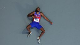 PARIS, FRANCE - AUGUST 08: (EDITORS NOTE: Image was captured using a robotic camera positioned above the field of play.) Bronze medalist Noah Lyles of Team United States reacts after competing in the Men's 200m Final on day thirteen of the Olympic Games Paris 2024 at Stade de France on August 08, 2024 in Paris, France. (Photo by Richard Heathcote/Getty Images)