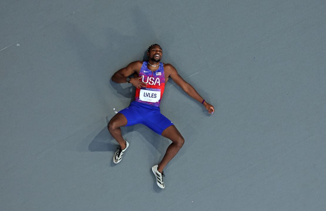 Bronze medalist Noah Lyles of Team United States reacts after competing in the Men's 200m Final on day thirteen of the Olympic Games Paris 2024 at Stade de France.