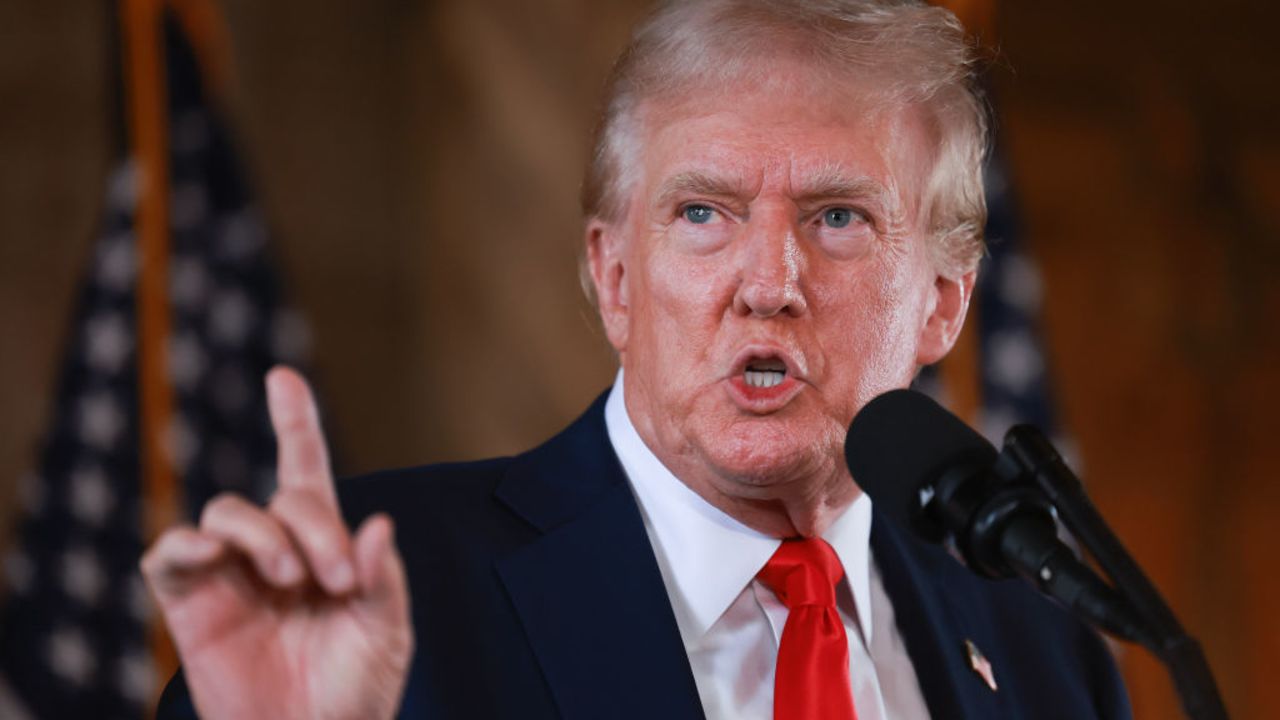 PALM BEACH, FLORIDA - AUGUST 08: Republican presidential candidate former President Donald Trump speaks during a press conference at his Mar-a-Lago estate on August 08, 2024, in Palm Beach, Florida. Polls currently show a close race between Trump and Democratic presidential candidate, U.S. Vice President Kamala Harris. (Photo by Joe Raedle/Getty Images)