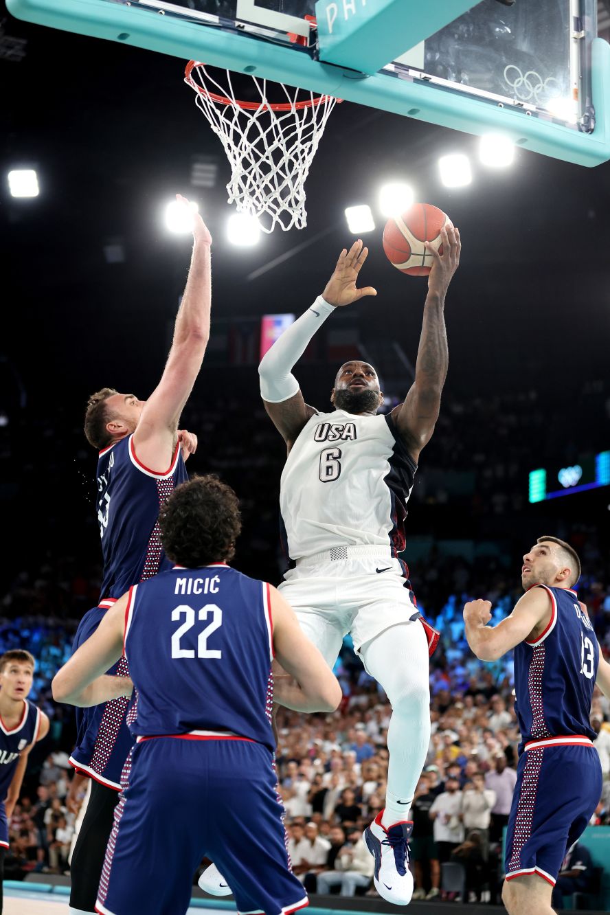 LeBron James rises for a layup during a semifinal game against Serbia on August 8. James and Team USA trailed by 13 at the end of the third quarter, but <a href="https://www.cnn.com/sport/live-news/paris-olympics-news-2024-08-08#h_7c412df93b0659eacf26c70f465042ba">they rallied to win 95-91</a>.