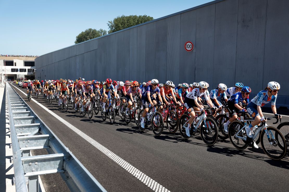 MAASSLUIS – Female riders exit the Maasdelta tunnel during the opening stage of the 2024 Tour de France Femmes. ANP BAS CZERWINSKI (Photo by ANP via Getty Images)