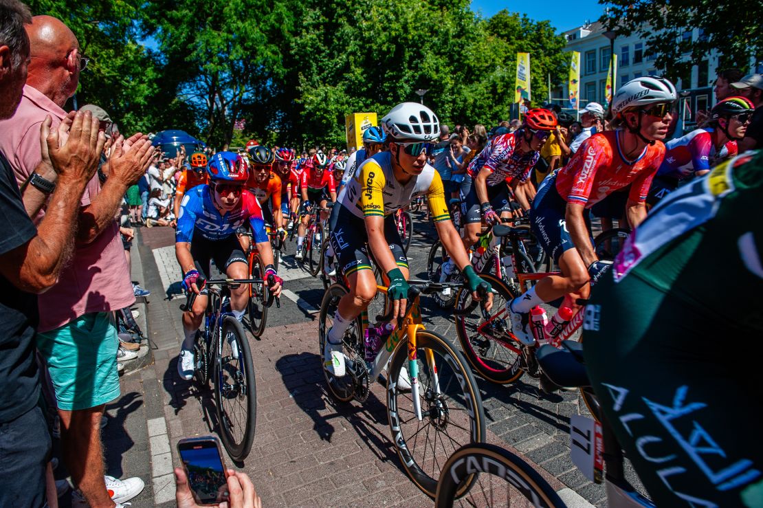 Cycling fans watch the opening stage of the 2024 Tour de France Femmes in Rotterdam, Netherlands, on August 12, 2024. (Photo by Romy Arroyo Fernandez/NurPhoto via Getty Images)