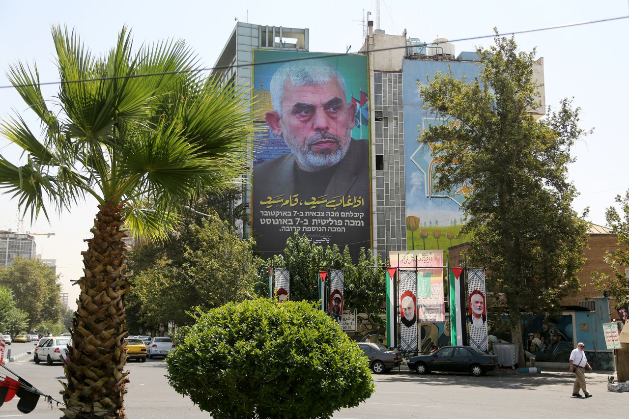 A street in Iranian capital Tehran after the posters featuring Hamas' new political chief Yahya Sinwar have been put up on August 13.