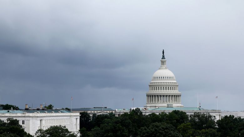 Rain clouds hang over the U.S. Capitol Building on August 09, 2024 in Washington, DC.