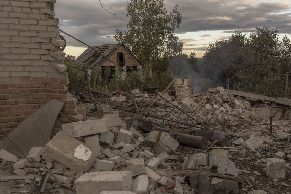 Destroyed houses after the recent Russian attack in the Ukrainian village of Loknya in the Sumy region near the border with Russia on August 13, 2024.