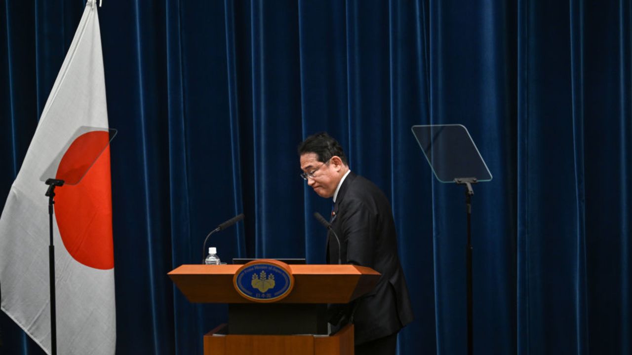 TOKYO, JAPAN - AUGUST 14:  Japanese Prime Minister Fumio Kishida finishes a news conference on August 14, 2024 in Tokyo, Japan. Kishida announced his intention to step down after a term marked by various scandals, including the controversial state funeral for former PM Shinzo Abe and the handling of the Unification Church issue. (Photo by Philip Fong-Pool/Getty Images)