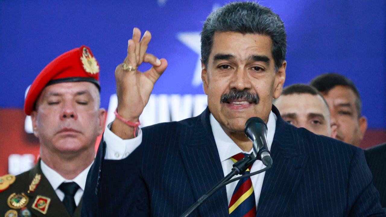 CARACAS, VENEZUELA - AUGUST 9: President of Venezuela Nicolás Maduro speaks to the press after appearing before the electoral chamber of the Supreme Court of Justice during a press conference on August 9, 2024 in Caracas, Venezuela. Maduro was declared winner of the 2024 presidential election by the National Electoral Council while opposition leader Maria Corina Machado and candidate Edmundo Gonzalez claimed that the final result was not what Venezuelans decided during the election. (Photo by Jesus Vargas/Getty Images)