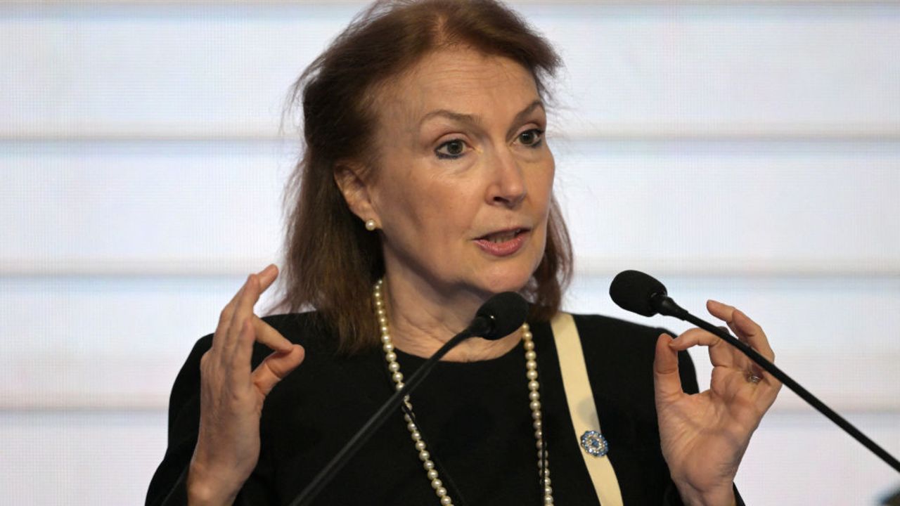 Argentina's Foreign Minister Diana Mondino delivers a speech during the Americas Society/Council of the Americas conference in Buenos Aires on August 14, 2024. (Photo by JUAN MABROMATA / AFP) (Photo by JUAN MABROMATA/AFP via Getty Images)