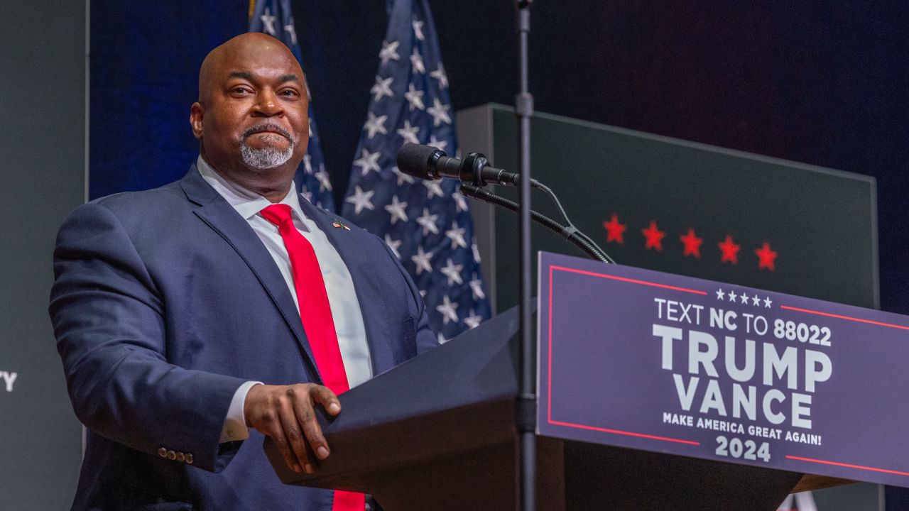 North Carolina Lt. Gov. Mark Robinson, who is running for governor, delivers remarks prior to Republican presidential nominee former President Donald Trump speaking at a campaign event at Harrah's Cherokee Center on August 14, 2024 in Asheville, North Carolina.