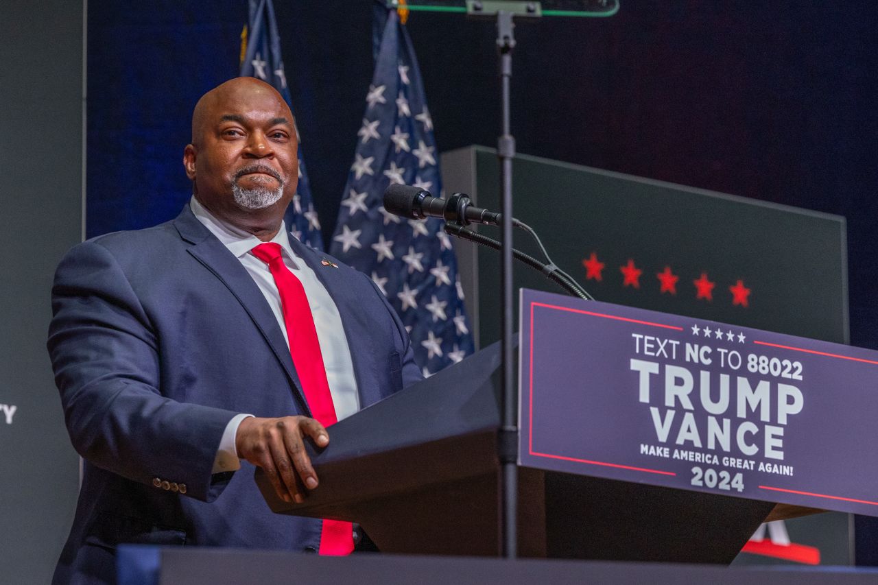 North Carolina Lt. Gov. Mark Robinson, who is running for governor, delivers remarks prior to Republican presidential nominee former President Donald Trump speaking at a campaign event at Harrah's Cherokee Center on August 14, 2024 in Asheville, North Carolina.