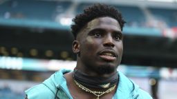 MIAMI GARDENS, FLORIDA - AUGUST 09: Tyreek Hill #10 of the Miami Dolphins looks on prior to a preseason game against the Atlanta Falcons at Hard Rock Stadium on August 09, 2024 in Miami Gardens, Florida. (Photo by Rich Storry/Getty Images)