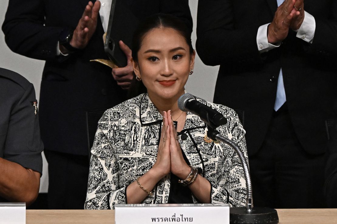 Pheu Thai party leader Paetongtarn Shinawatra, known by her nickname "Ung Ing" during a press conference in Bangkok on August 15, 2024.