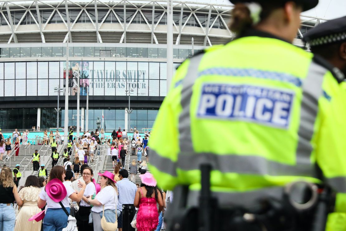 A police officer stands outside Wembley Stadium ahead of Taylor Swift's Eras Tour concert on Thursday in London.