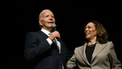 US Vice President and Democratic presidential candidate Kamala Harris looks on as President Joe Biden speaks in the overflow room at Prince George's Community College in Largo, Maryland, on August 15, 2024. (Photo by Brendan SMIALOWSKI / AFP) (Photo by BRENDAN SMIALOWSKI/AFP via Getty Images)