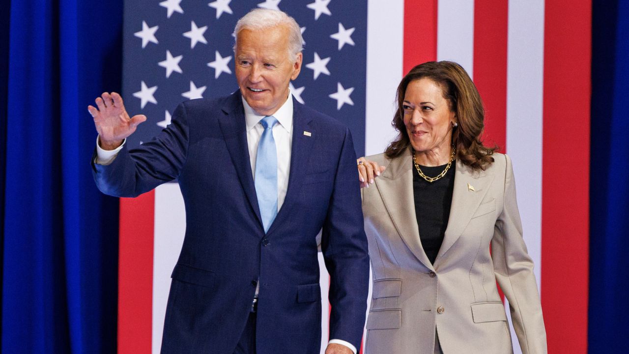 President Joe Biden, left, and US Vice President Kamala Harris during an event in Upper Marlboro, Maryland, on August 15, 2024.