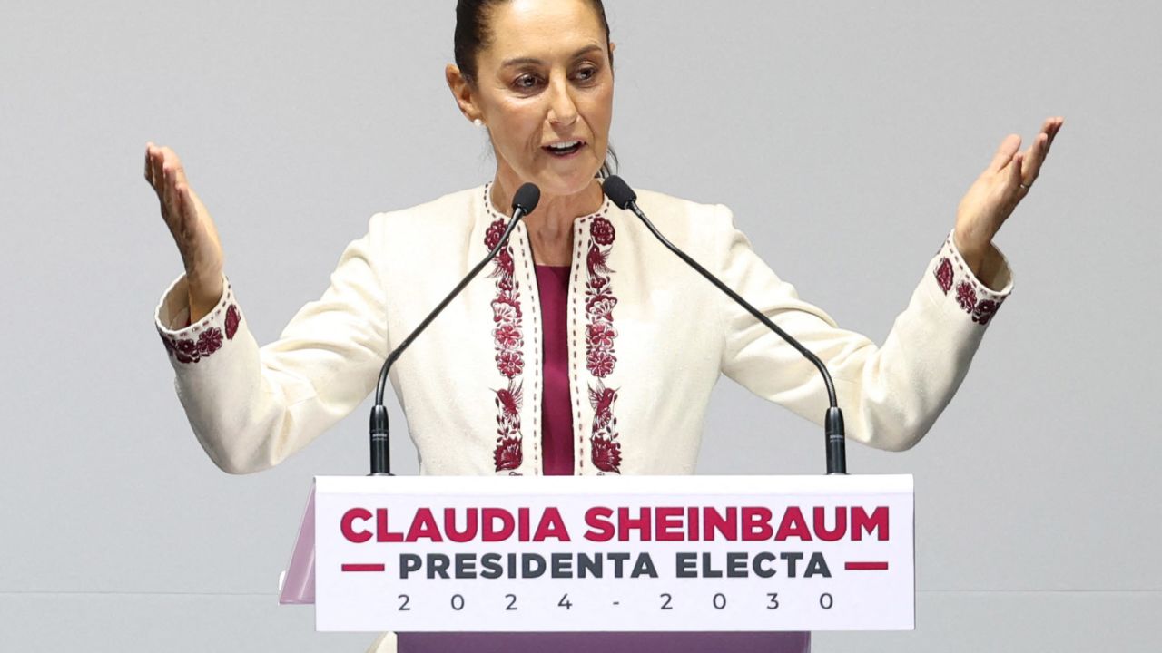 Mexico's President-elect Claudia Sheinbaum speaks after receiving the certificate of her victory in the June 2 presidential election at the Metropolitan Theater in Mexico City on August 15, 2024. Mexico's electoral court unanimously proclaimed president-elect Claudia Sheinbaum -with 59.7 per cent of the vote, after resolving a series of challenges filed by the opposition. Sheinbaum will assume next October 1st. (Photo by SILVANA FLORES / AFP) (Photo by SILVANA FLORES/AFP via Getty Images)