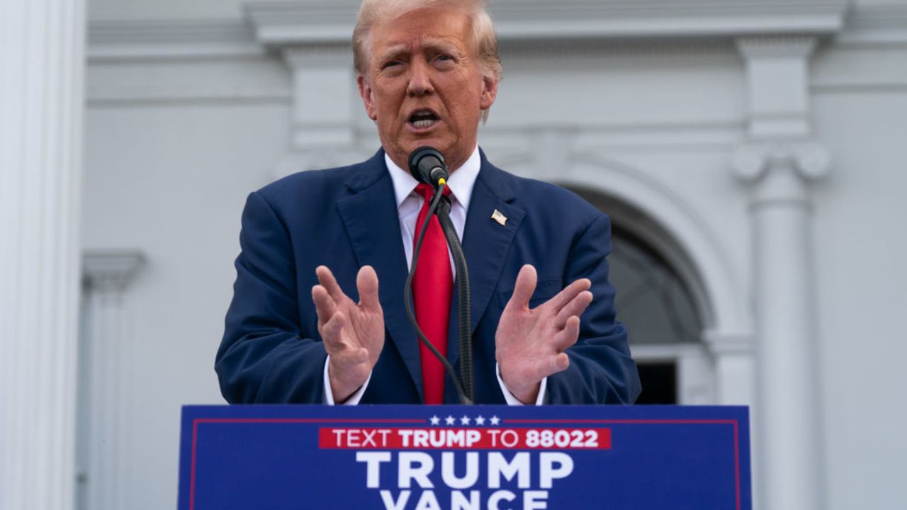 BEDMINSTER, NEW JERSEY - AUGUST 15: Republican presidential candidate, former U.S. President Donald Trump holds a news conference outside the Trump National Golf Club Bedminster on August 15, 2024 in Bedminster, New Jersey. Trump's campaign leaders announced they were expanding his staff as the reelection campaign heads into its final few months. (Photo by Adam Gray/Getty Images)