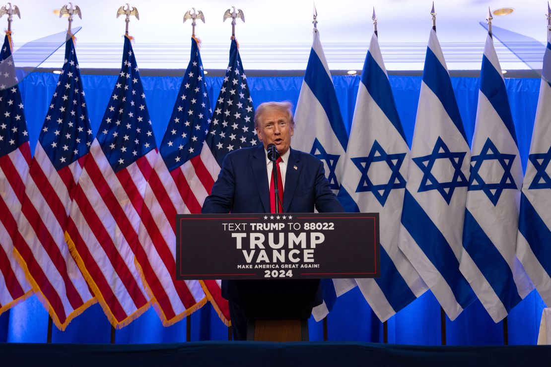 Former President Donald Trump holds a fighting antisemitism event at Trump National Golf Club Bedminster on August 15, 2024, in Bedminster, New Jersey.