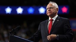 Minnesota Gov. Tim Walz speaks at a campaign rally in Las Vegas on August 10, 2024.