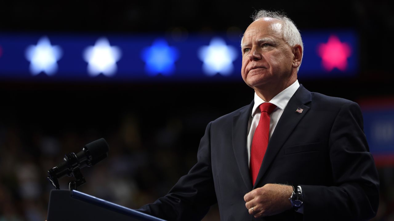 LAS VEGAS, NEVADA - AUGUST 10: Democratic vice presidential candidate Minnesota Governor Tim Walz speaks during a campaign rally with his running mate, Democratic presidential candidate, U.S. Vice President Kamala Harris, at the University of Las Vegas Thomas & Mack Center on August 10, 2024 in Las Vegas, Nevada. Kamala Harris and her newly selected running mate Tim Walz are campaigning across the country this week.  (Photo by Justin Sullivan/Getty Images)