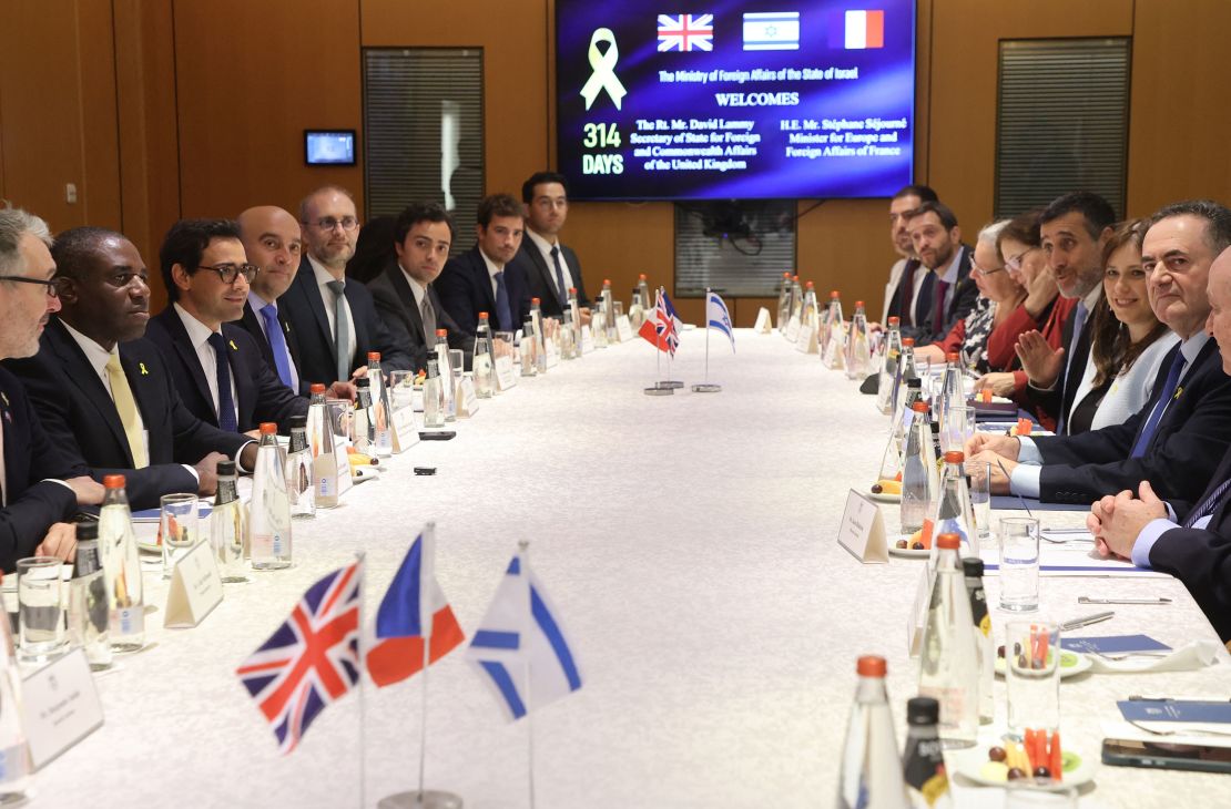 The Foreign Ministers of France and Britain, Stephane Sejourne and David Lammy, meet with their Israeli counterpart Israel Katz at the Ministry of Foreign Affairs in Jerusalem on August 16, 2024.