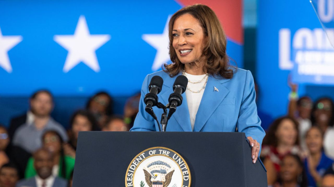 RALEIGH, NORTH CAROLINA - AUGUST 16: Democratic U.S. presidential candidate Vice President Kamala Harris speaks on her policy platform, including improving the cost of living for all Americans, at the Hendrick Center For Automotive Excellence on August 16, 2024 in Raleigh, North Carolina. This is the candidate's first major policy speech since accepting the democratic party nomination.(Photo by Grant Baldwin/Getty Images)