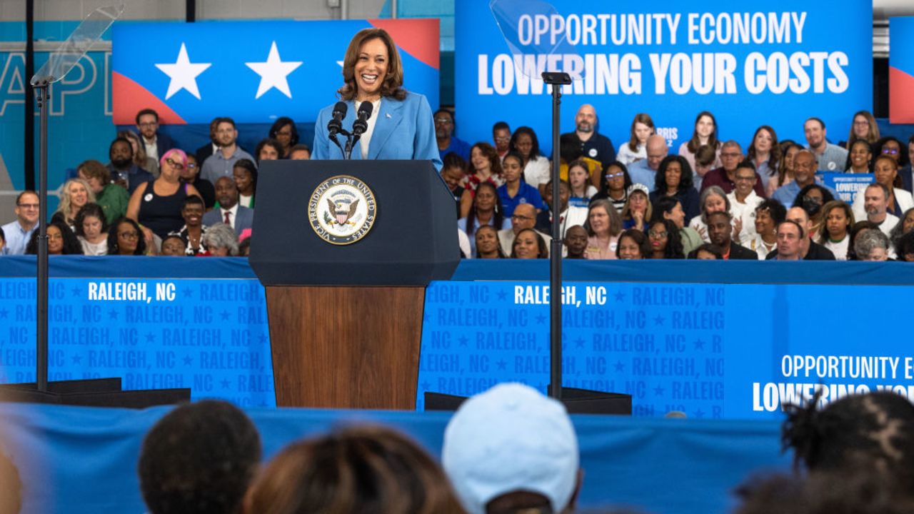 RALEIGH, NORTH CAROLINA - AUGUST 16: Democratic U.S. presidential candidate Vice President Kamala Harris speaks on her policy platform, including improving the cost of living for all Americans, at the Hendrick Center For Automotive Excellence on August 16, 2024 in Raleigh, North Carolina. This is the candidate's first major policy speech since accepting the democratic party nomination.(Photo by Grant Baldwin/Getty Images)