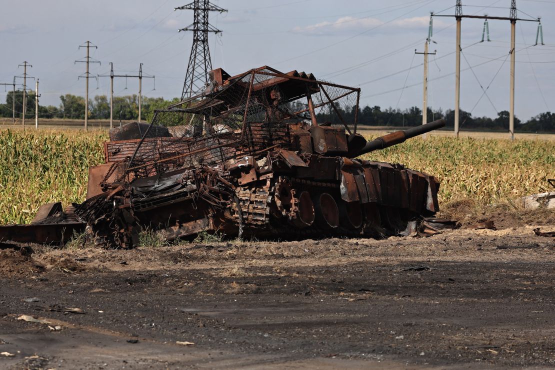 A destroyed Russian tank sits outside the Ukrainian-controlled Russian town of Sudzha, Kursk region, on August 16, 2024, 10 days after Kyiv launched a major cross-border counteroffensive.