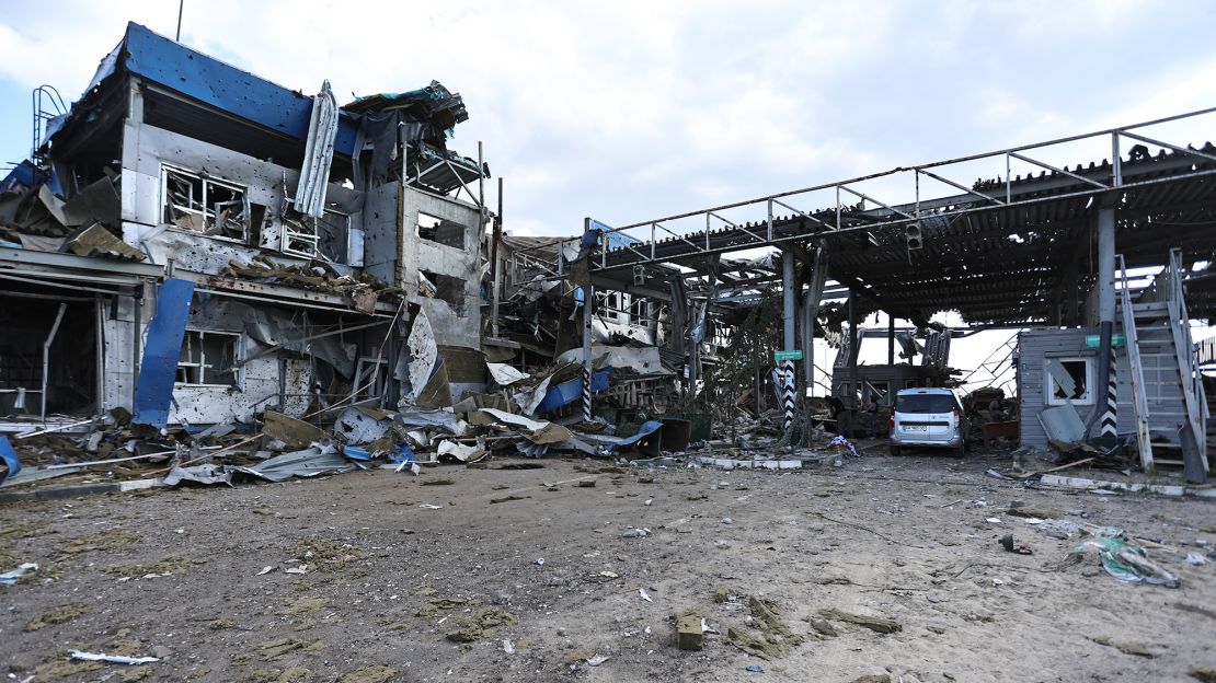 This photograph taken on August 16 during a media tour organized by Ukraine shows a destroyed border crossing point near the Ukrainian-controlled Russian town of Sudzha, Kursk region, amid the Russian invasion in Ukraine.