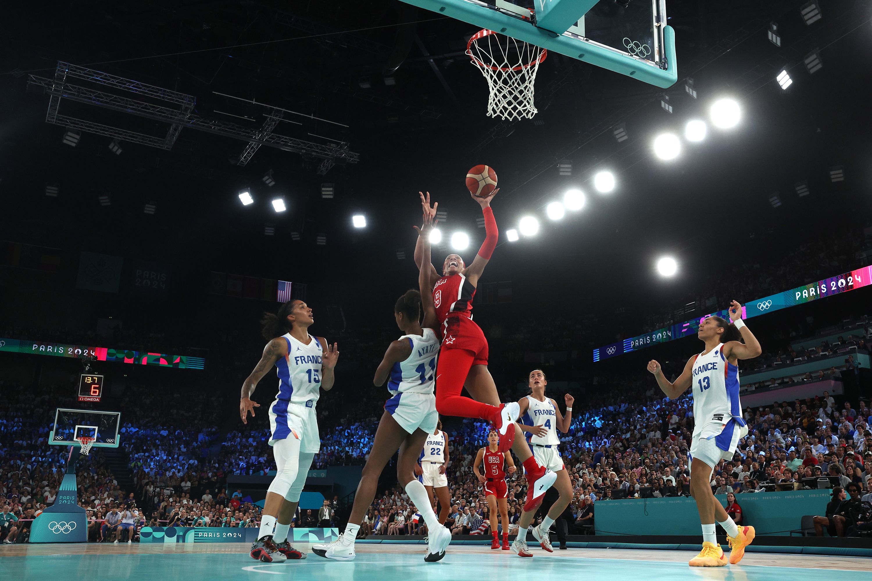 The United States' A'ja Wilson scores a basket during the gold-medal game against France on August 11.